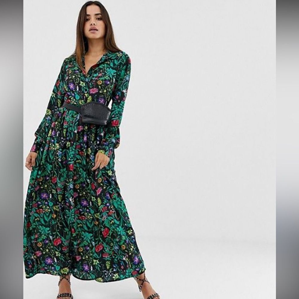 PRETTYLITTLETHING ASOS Long Sleeve Floral Maxi Dress Black Women’s Size 10